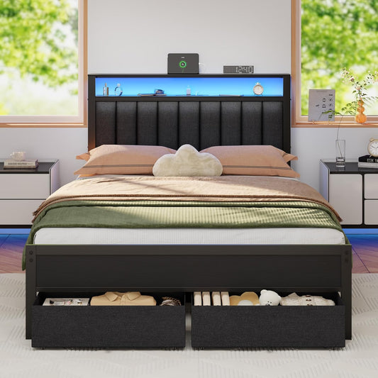 Full Size Bed Frame with Charging Station and LED Lights, Grey Upholstered Headboard with Shelves, Metal Platform Bed with 2 Under-Bed Storage (Fabric Drawer on Wheels), No Box Spring Needed
