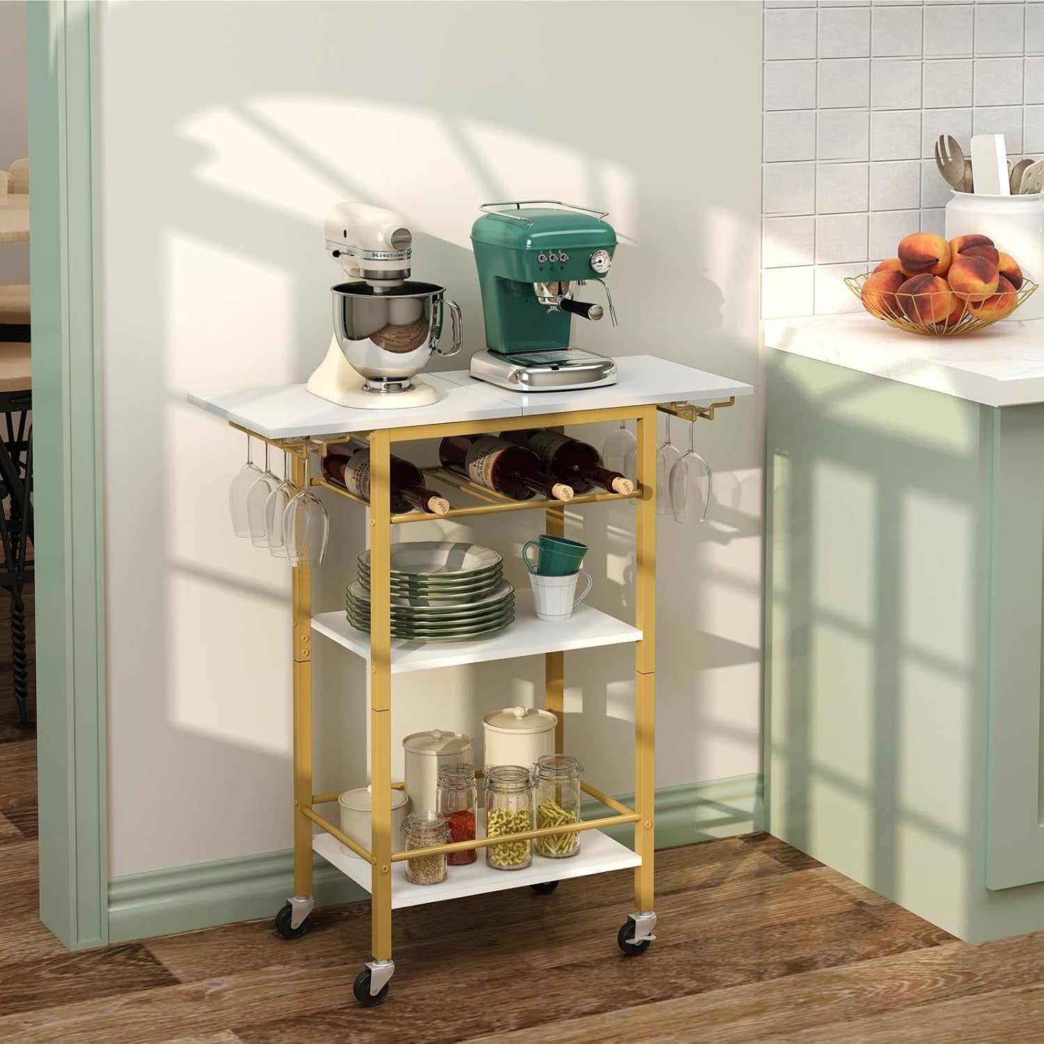Bar Cart, Home Bar Serving Cart, 3 Tier Mobile Drink Beverage Cart, Rolling Kitchen Shelf with Wine and Glass Holder, for Dinning Room, Living Room, Kitchen