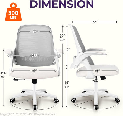 Office Desk Gaming Ergonomic Computer Chair with Lumbar Back Support Adjustable Height Swivel Rolling Wheels Flip-Up Arms Mesh Chair for Home Vanity (Ivory)
