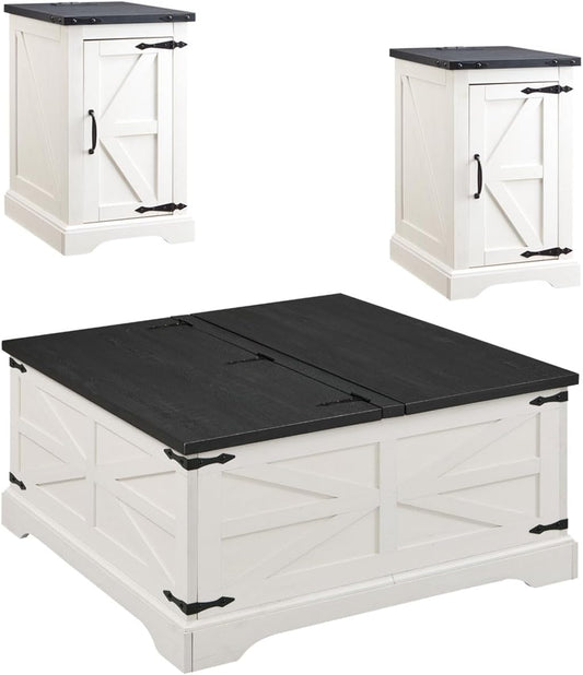 3-Piece Farmhouse Living Room Table Sets, Includeds 36" Lift Top Square Coffee Table W/Large Storage & 2 Rustic Wood End Tables W/Charging Station & Barn Doors (White)
