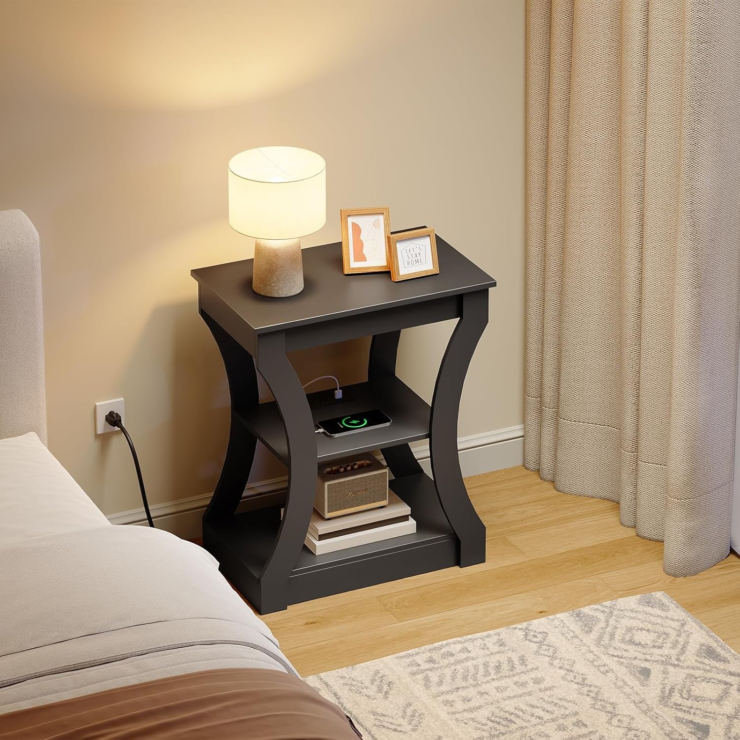 Black End Table with Charging Station, Skinny Side Table with USB Ports and Outlets, Nightstand, 3 Tier Bedside Table with Storage Shelf for Living Room, Bedroom, Small Space ETBK53E01