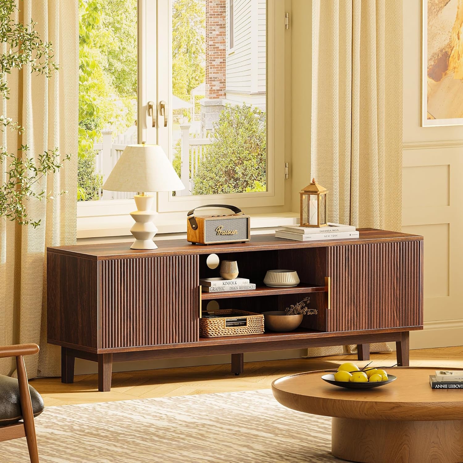 54 Inch TV Stand for 50, 55 Inch TV, Fluted Entertainment Center with 2 Cabinets, TV Consoles for Living Room, 3-Level Adjustable Shelf, 4 Cable Holes, Meida Console, Walnut