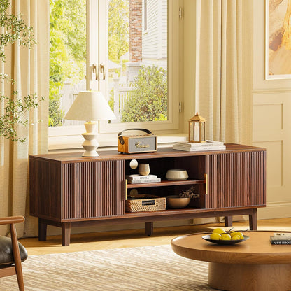 54 Inch TV Stand for 50, 55 Inch TV, Fluted Entertainment Center with 2 Cabinets, TV Consoles for Living Room, 3-Level Adjustable Shelf, 4 Cable Holes, Meida Console, Walnut