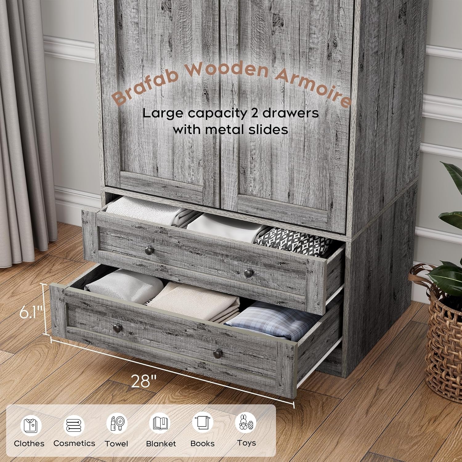 Armoire Wardrobe Closet with 2 Modern Doors, 71" Tall Freestanding Closet Wardrobe Cabinet with Drawers and Hanging Rail, Light Wooden Storage Cabinet with Shelve for Bedroom (Grey, 2 Doors)