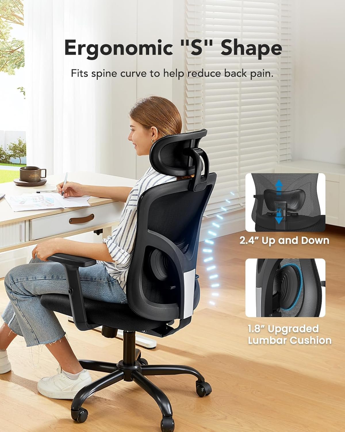 Ergonomic Office Chair, High Back Mesh Chair for Big and Tall People with Lumbar Support, Adjustable Headrest and Armrest, Thick Cushion & Tilt Function Recliner for Home Office Black