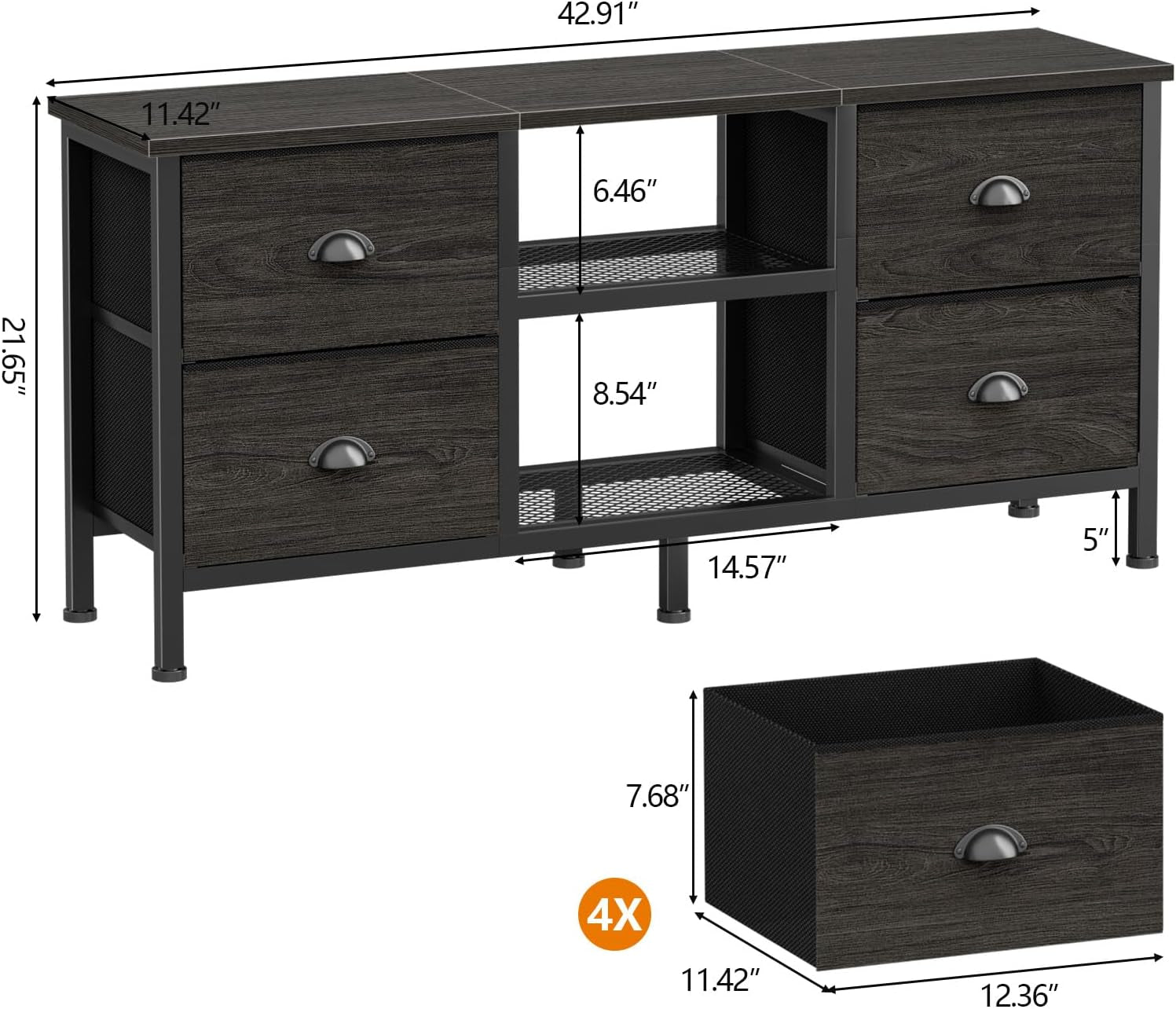 TV Stand with 4 Drawers, 43 Inch Entertainment Center with Open Shelves, Media Center for 50" TV, Television Stand for Bedroom, Living Room/Light Black Oak