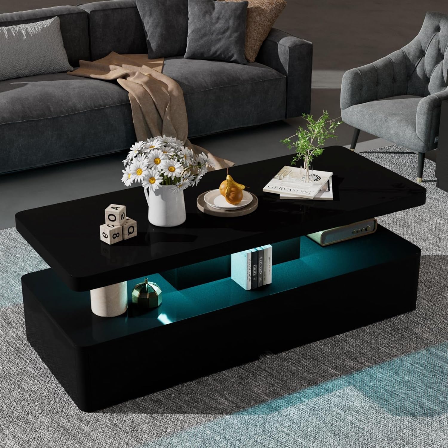 Modern LED Coffee Table, 40" Living Room Tables with 16 Colors LED Lights, Double-Layer Design, Stylish Coffee Tables for Living Room, Black