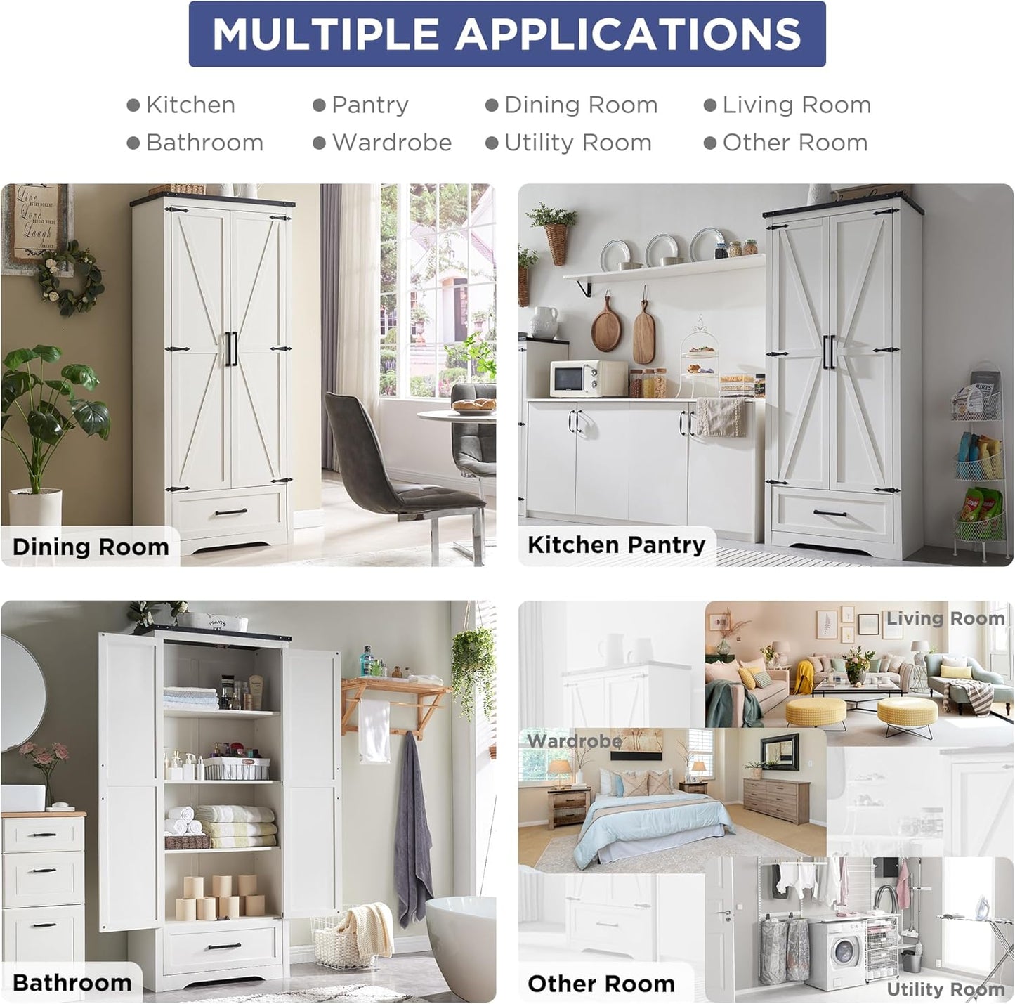 Farmhouse Kitchen Pantry Cabinet - 72" Tall Wood Kitchen Storage Cabinets with Adjustable Shelves & 2 Barn Style Doors & Drawer, Versatile Storage for Dining Room, Bathroom, Antique White