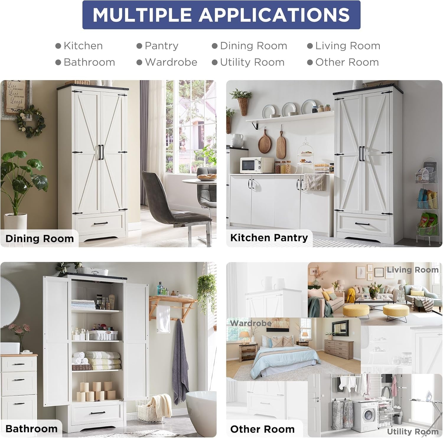 Farmhouse Kitchen Pantry Cabinet - 72" Tall Wood Kitchen Storage Cabinets with Adjustable Shelves & 2 Barn Style Doors & Drawer, Versatile Storage for Dining Room, Bathroom, Antique White