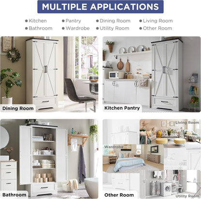 Farmhouse Kitchen Pantry Cabinet - 72" Tall Wood Kitchen Storage Cabinets with Adjustable Shelves & 2 Barn Style Doors & Drawer, Versatile Storage for Dining Room, Bathroom, Antique White