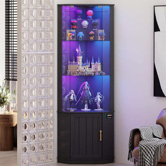 69" Corner Glass Display Cabinet with RGB Lights,3-Tier Movable Glass Shelves,Curio Display with Human Body Sensor,Bookcase with Storage Cabinet for Toys,Books,Collectibles,Liquor,Black