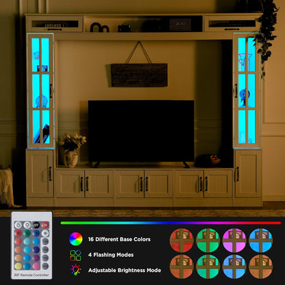 98" Wide Wall Unit TV Stand with Storage for Tvs up to 80", Large Modern TV Console Table with LED Lights, Entertainment Center with Bookshelves for Living Room, White