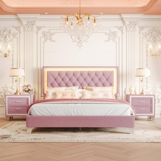 Bedroom Sets, 3-Pieces Bedroom Sets, Queen Size Upholstered Platform Bed with LED Lights and 2 Nightstands, Pink