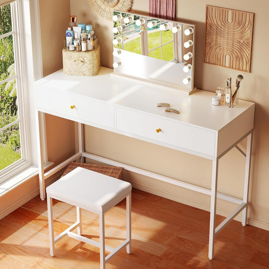 43-Inch White Desk with 2 Drawers and Padded Stool, Modern Makeup Vanity & Computer Desk with Storage for Home Office, Bedroom Study
