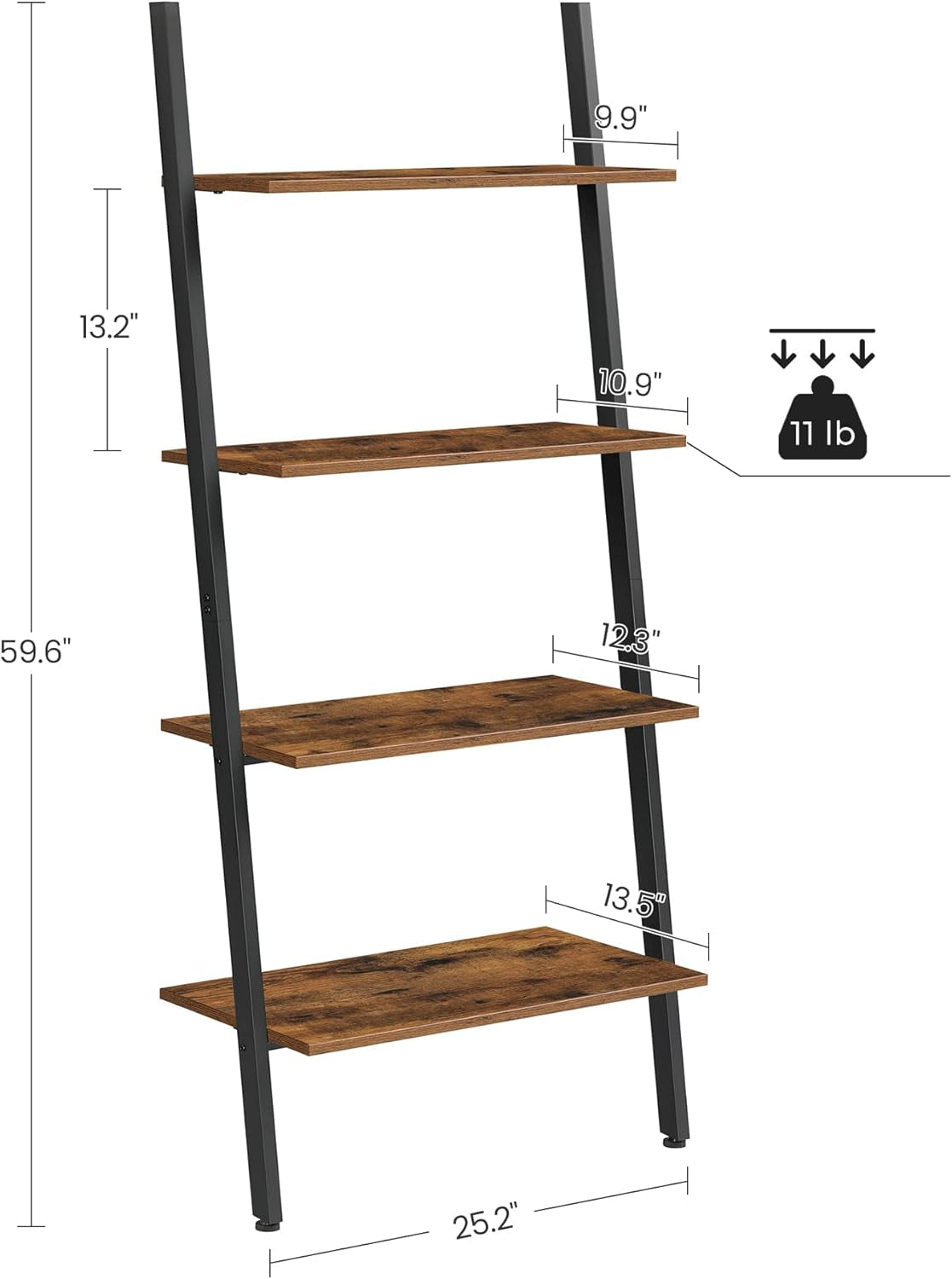 Ladder Shelf, 4-Tier Bookshelf, Storage Rack Shelves, for Living Room, Kitchen, Office, Steel, Stable, Sloping, Leaning against the Wall, Industrial, Rustic Brown and Black