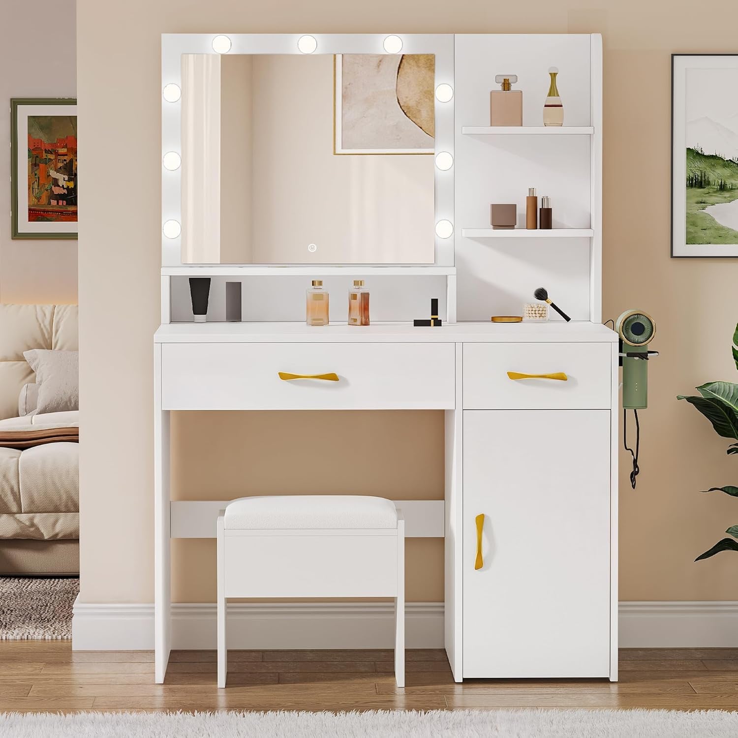 Vanity Desk with Mirror, Makeup Vanity Set with Power Strip, 9 Dimmable Bulbs, Drawers, Cabinet, Shelves, and Stool, 3-Color Adjustable Lighting, Elegant Vanity for Dressing Room, White