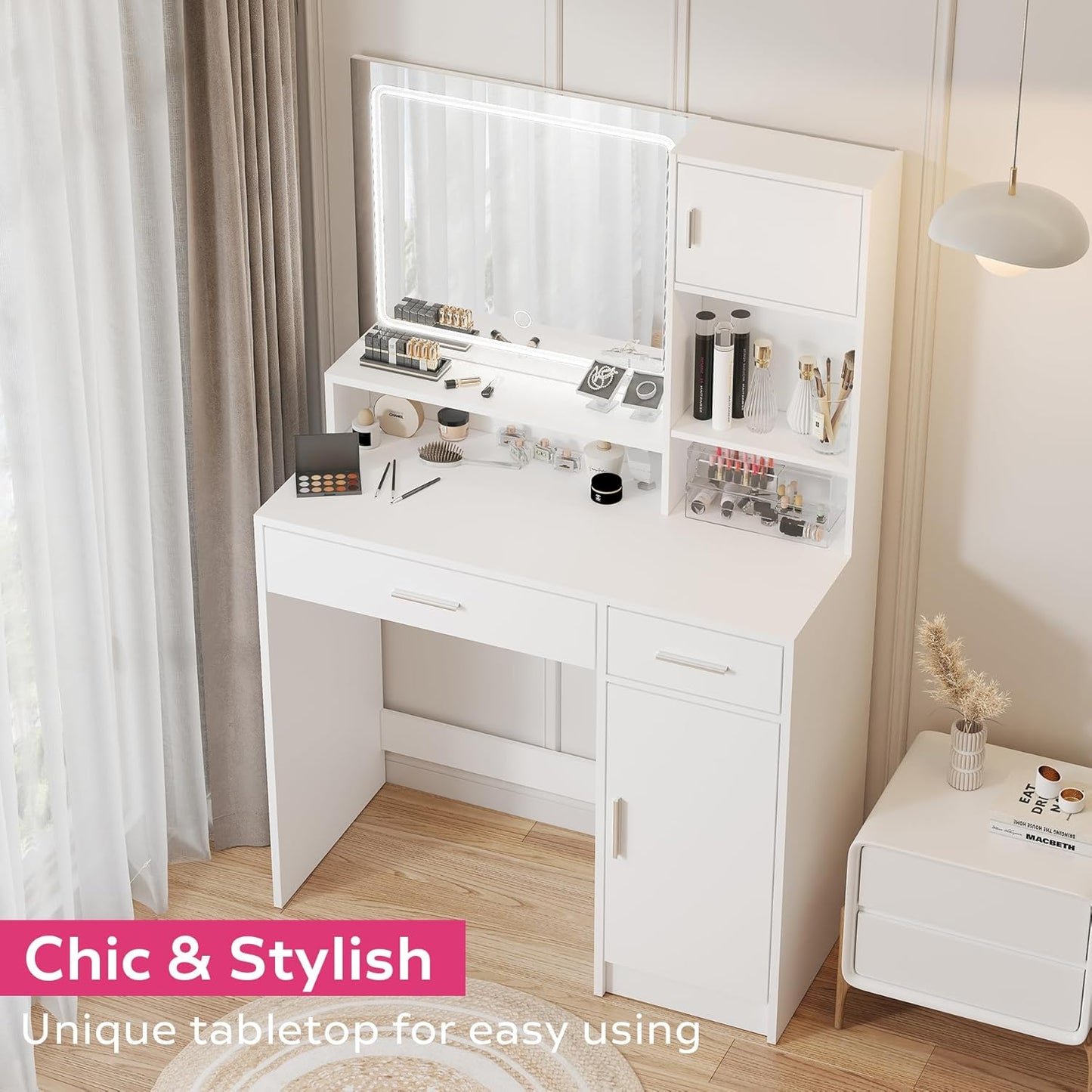 Vanity Desk with Mirror and LED Light Strip,Dressing Table with Large Drawer, 3 Level Storage Dresser & 3 Lighting Modes Adjustable Brightness, Suitable for Bedroom