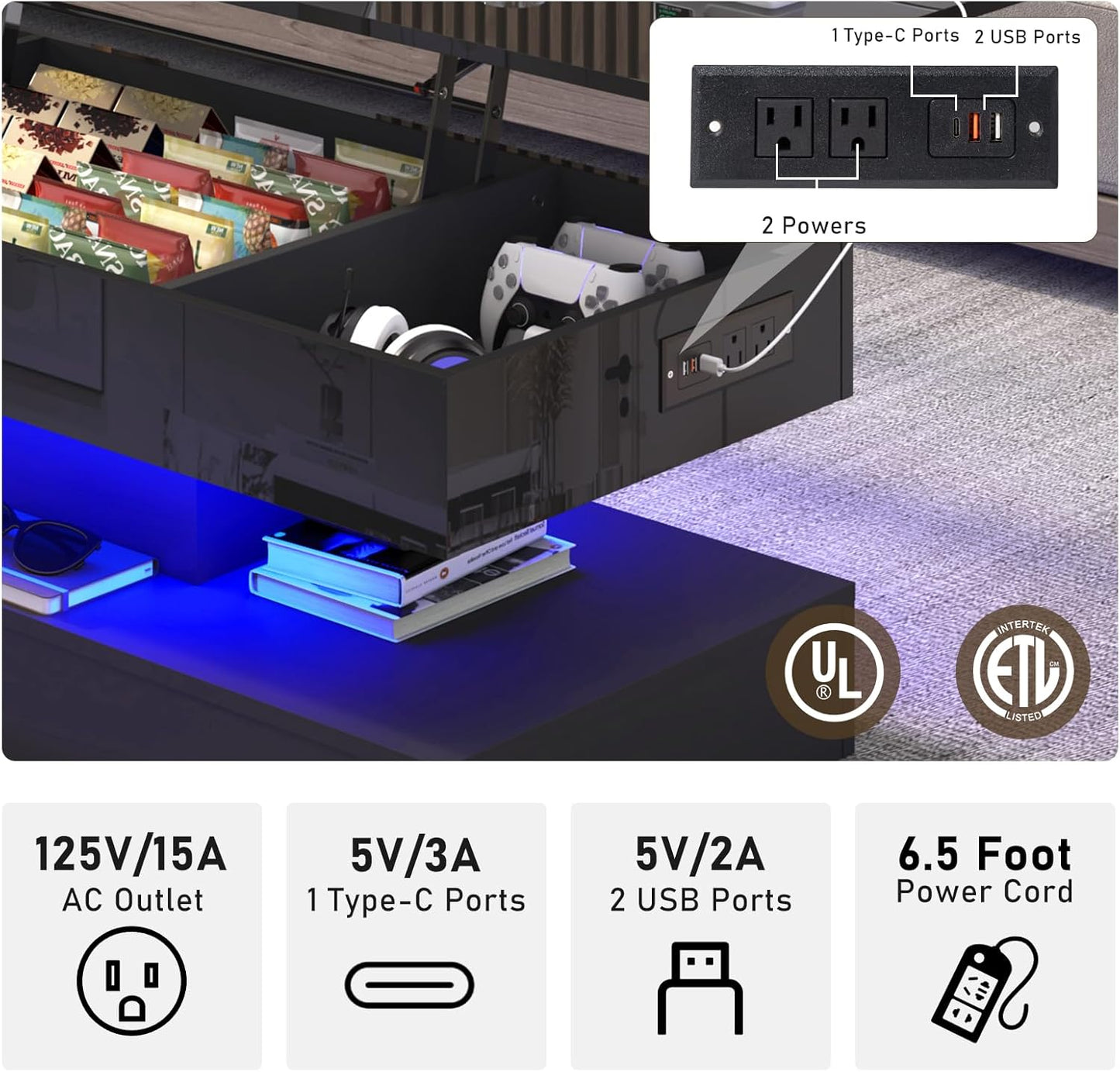 47.2" Large Lift Top Coffee Table,Modern High Glossy LED Coffee Tables for Living Room with Storage,Black Living Room Tables for Living Rooms,Dining Room,Bedroom Home Office,App LED Lights（Black）