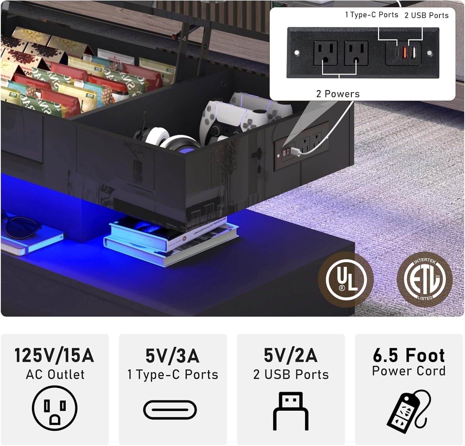 47.2" Large Lift Top Coffee Table,Modern High Glossy LED Coffee Tables for Living Room with Storage,Black Living Room Tables for Living Rooms,Dining Room,Bedroom Home Office,App LED Lights（Black）