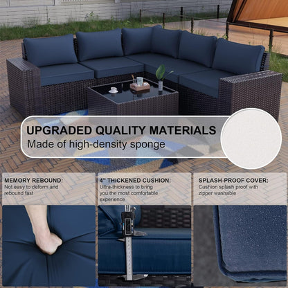 6PCS Outdoor Patio Furniture Set PE Wicker Rattan Sectional Sofa Patio Conversation Sets,Navy Blue