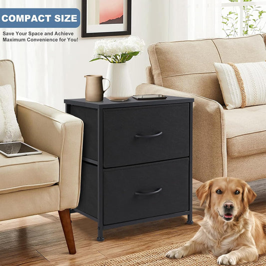 Nightstand Small Dresser with 2 Fabric Drawers Side Tables Bedroom End Table Bedside Storage Furniture for 20 Inch Tall Night Stand for Entryway, College Dorm, Classic Black