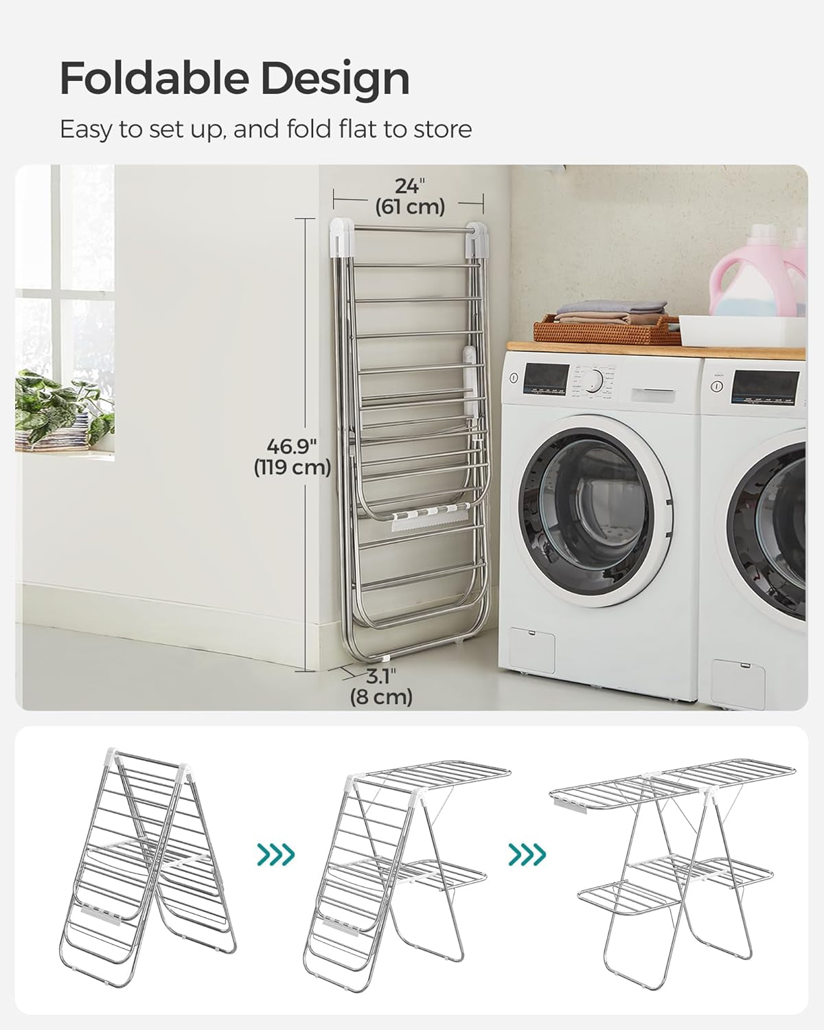 Clothes Drying Rack, Foldable 2-Level Laundry Drying Rack, Free-Standing Laundry Airer, with Height-Adjustable Wings, 33 Drying Rails, Sock Clips, Silver and White ULLR053W01V1