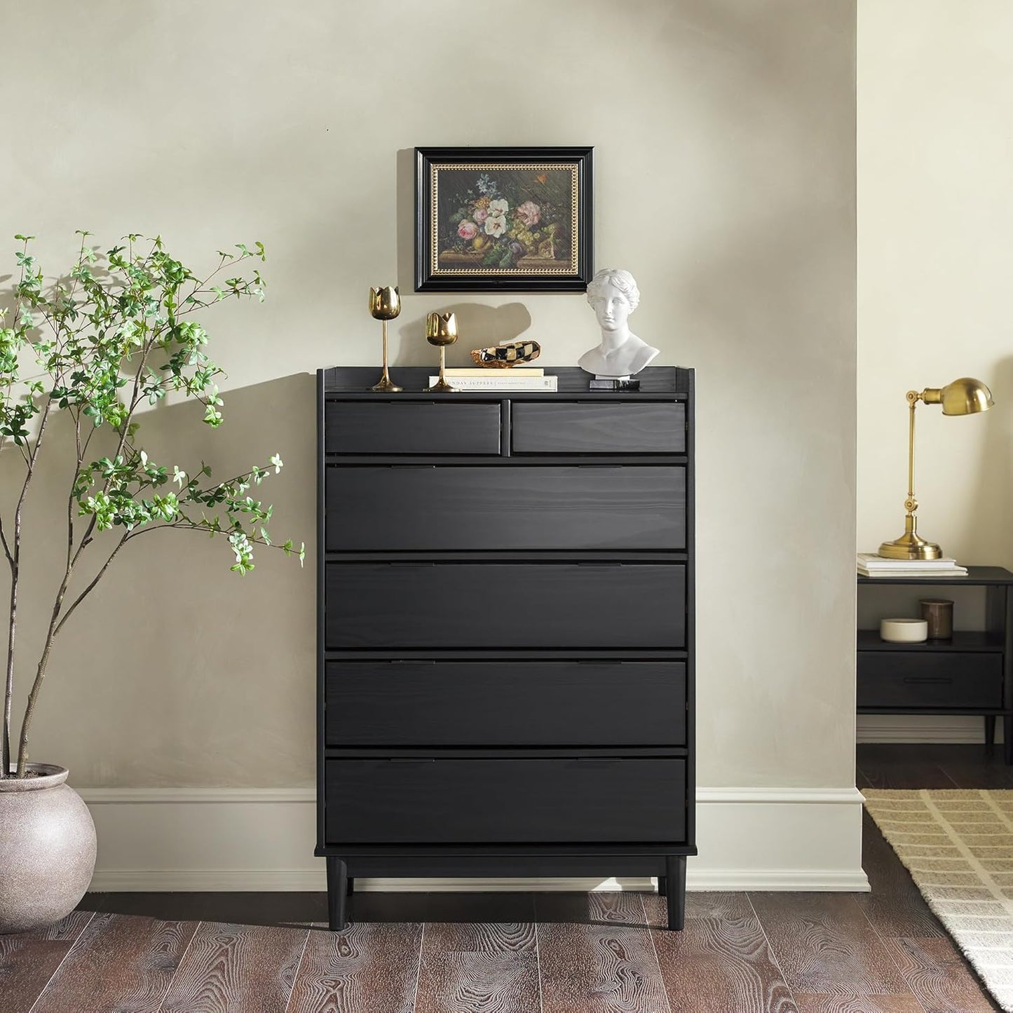Blythe Mid-Century Modern Tray-Top Solid Wood 6-Drawer Dresser, 30 Inch, Black