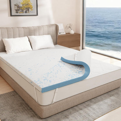3 Inch Cooling Qeen Size Memory Foam Mattress Topper Pad,Soft Washable Bed Cover with Anti-Slip Base &Zipper,Fits 6"-19" Mattresses with Straps,Extra Comfort for Sleep & Back Pain Relief