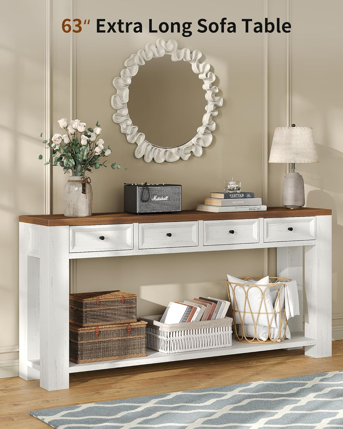 63 Inch Console Table, Sofa Table behind Couch, Entryway Table with 4 Drawers & Open Shelf, Farmhouse Sofa Table for Living Room (White)