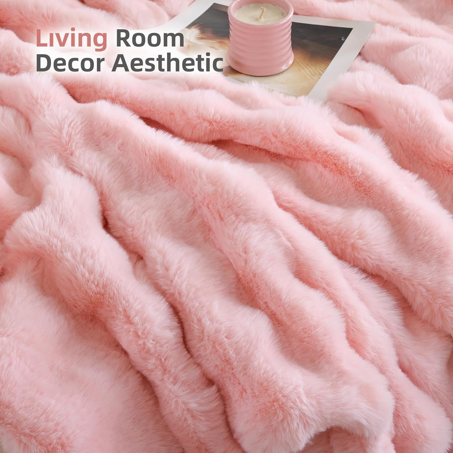 Faux Fur Throw Blanket for Couch – Blush Pink Fluffy Cozy Rabbit Fleece, Plush Soft Bubble Blanket for Sofa & Bed, for Mom, Warm Fuzzy Home Room Decor Throw 50" X 60"
