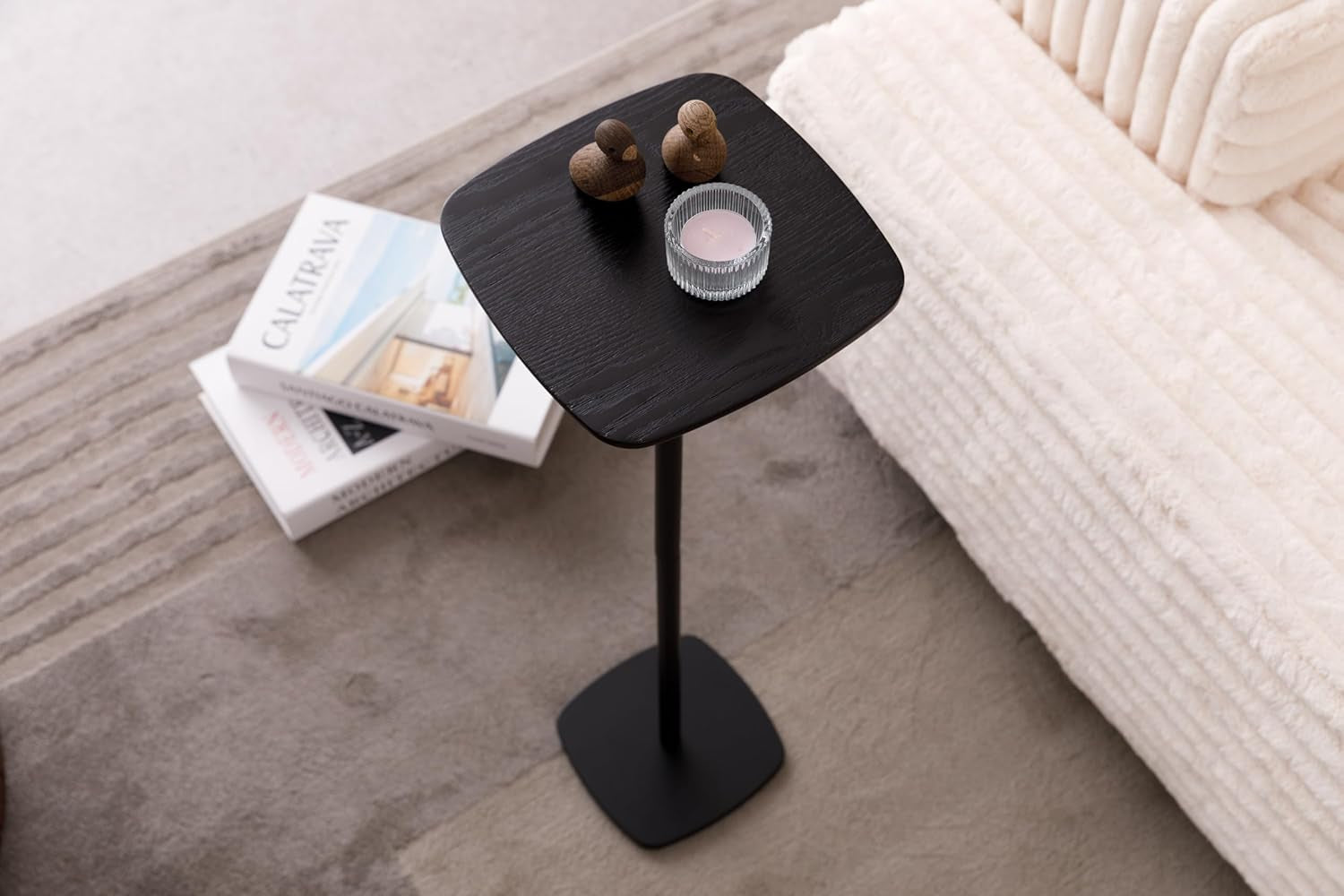 Small Pedestal Drink Table, Wooden Top Side Tables Martini Cocktail Drink Stand, Durable Square Tiny End Table Accent Table with Weighted Base for Living Room, Bedroom, Office, Small Spaces, Black