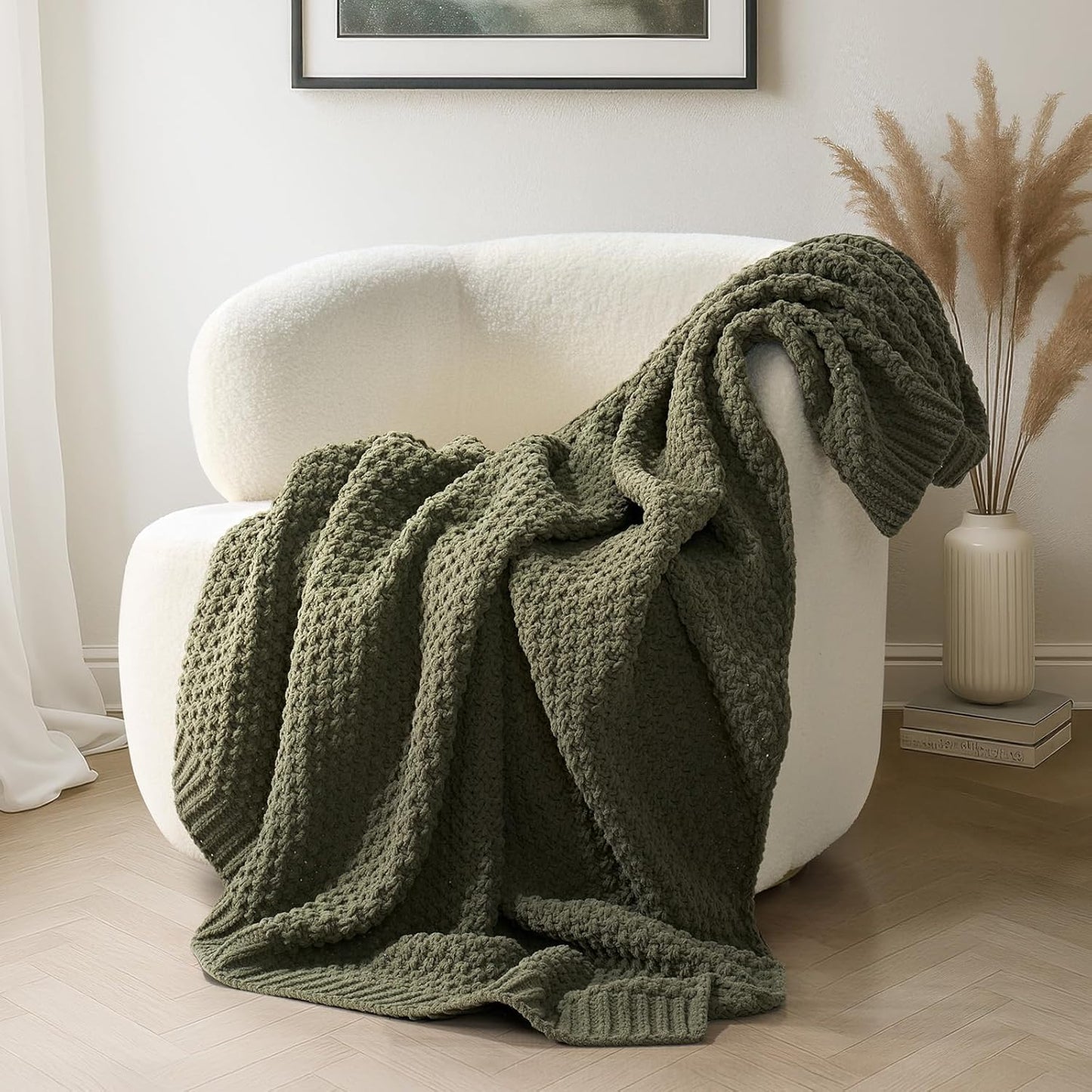Chunky Chenille Knit Throw Blanket for Couch, Soft Luxurious Moss Stitch Blankets for Bed, Cozy Decorative Farmhouse Knitted Throws for Sofa, Olive Green, 50" X 60"