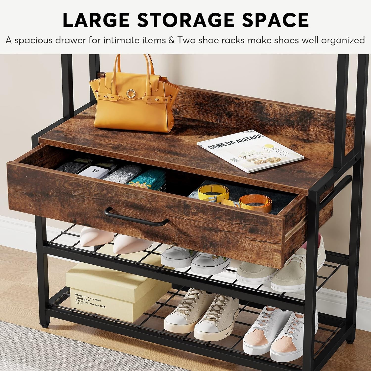 3-In-1 Entryway Hall Tree with Drawer, Vintage Industrial Coat Rack with Shoe Bench and Hutch, Mudroom Bench with Shoe Storage Rack and 9 Hooks for Living Room Bedroom (Brown)