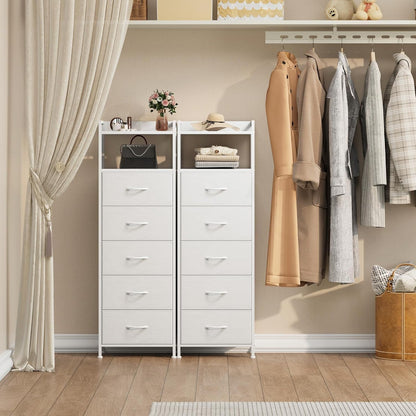 White Tall Night Stand for Bedroom,Tall 5 Drawers Dresser, Vertical Storage Tower Unit, Nightstand Furniture with Fabric Drawer Organizer in Bedside Kids Dorm Room Closet Laundry Entryway