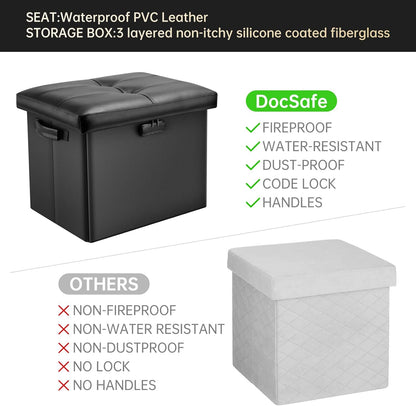 Storage Ottoman with Lock,Fireproof Folding Ottoman Foot Rest Stool Storage Chest with Storage Safe for Important Documents,Waterproof 17 Inches Short Ottoman Foot Stool with Handles,Black