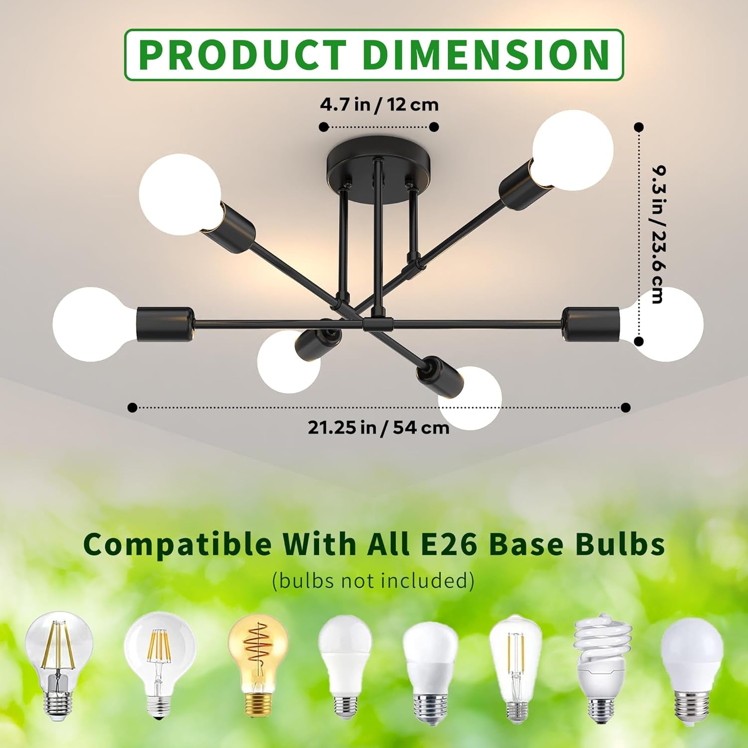 Modern Sputnik Chandelier Ceiling Light Fixtures, 6-Lights 22” Mid Century Industrial Metal Semi Flush Mount for Dining Room, Bedroom, Living Room-Black