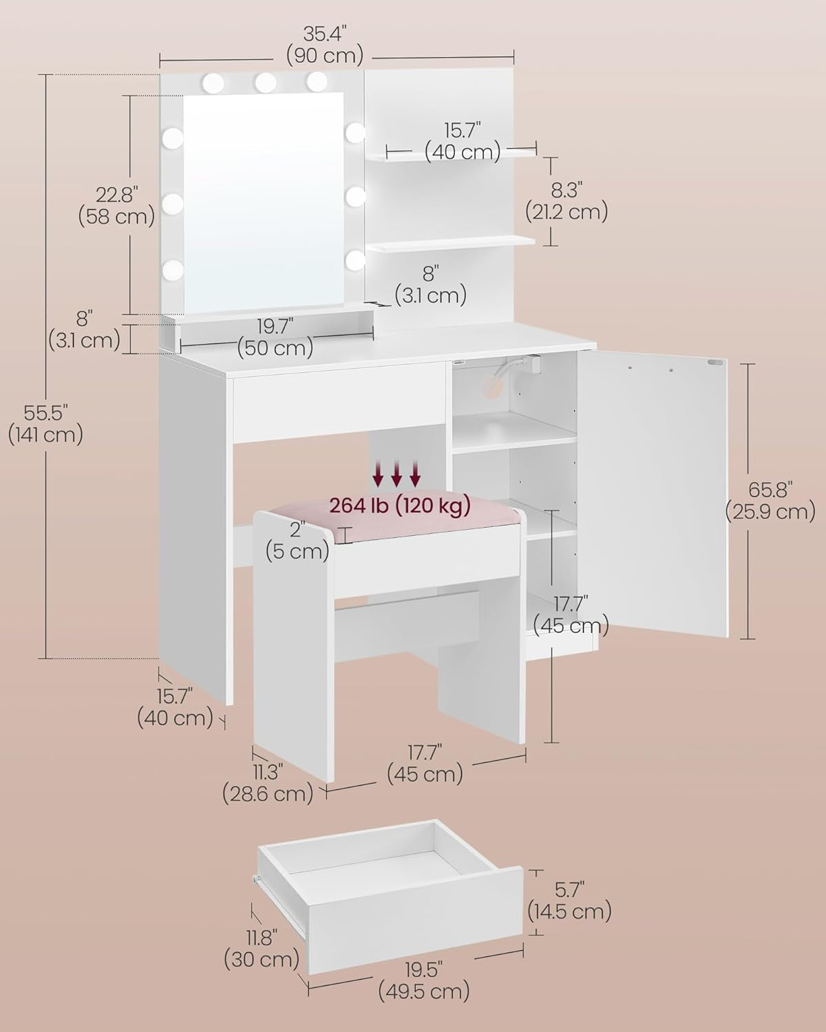 Vanity Desk with Mirror and Lights, Power Outlets, Vanity Table Set with Stool, Drawers, 35.4-Inch Wide Makeup Vanity, Jewelry Storage, Adjustable Shelves, for Bedroom, Cloud White URDT132W02