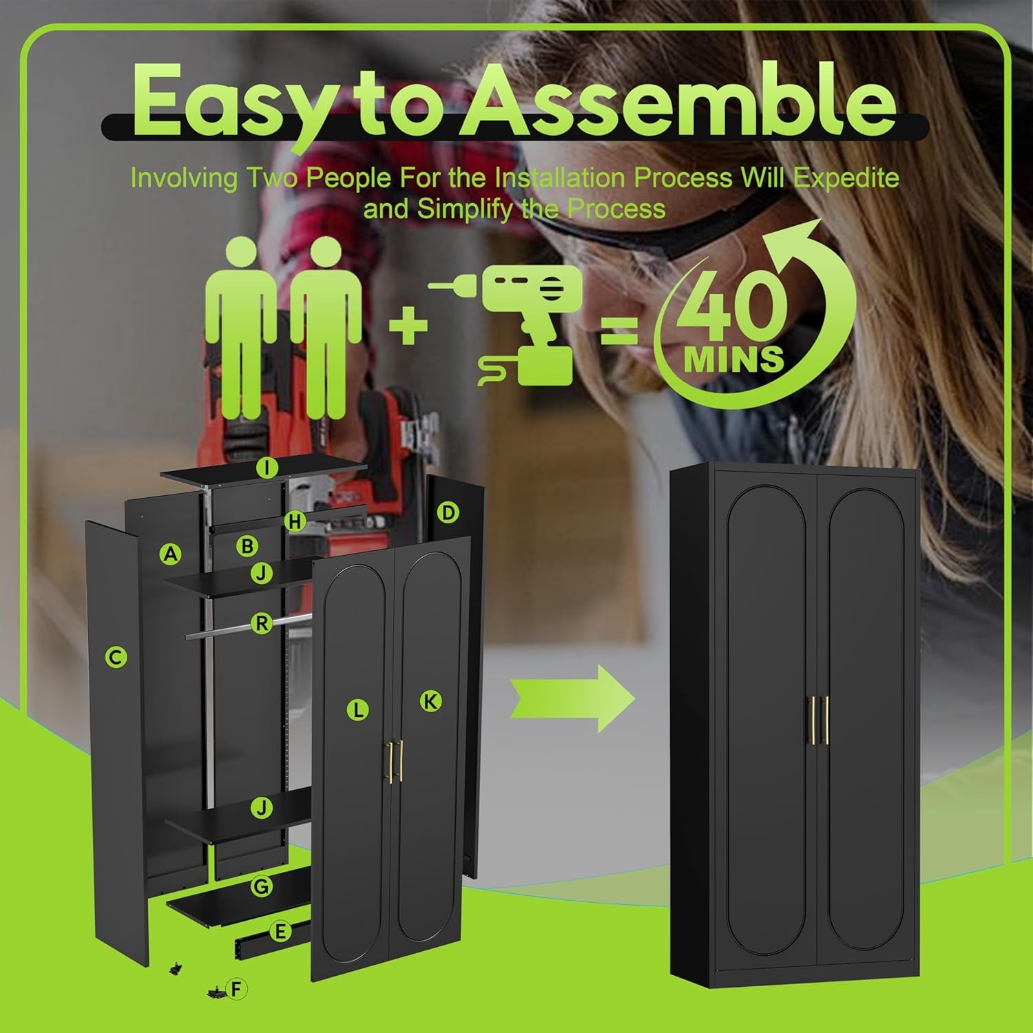 Armoire Wardrobe Closet with Doors, 71'' Wardrobe Cabinet with Hanging Rod, Metal Closet with 2 Adjustable Shelves for Bedroom School, Employee, Gym, Armarios De Ropa Para Dormitorio, Black