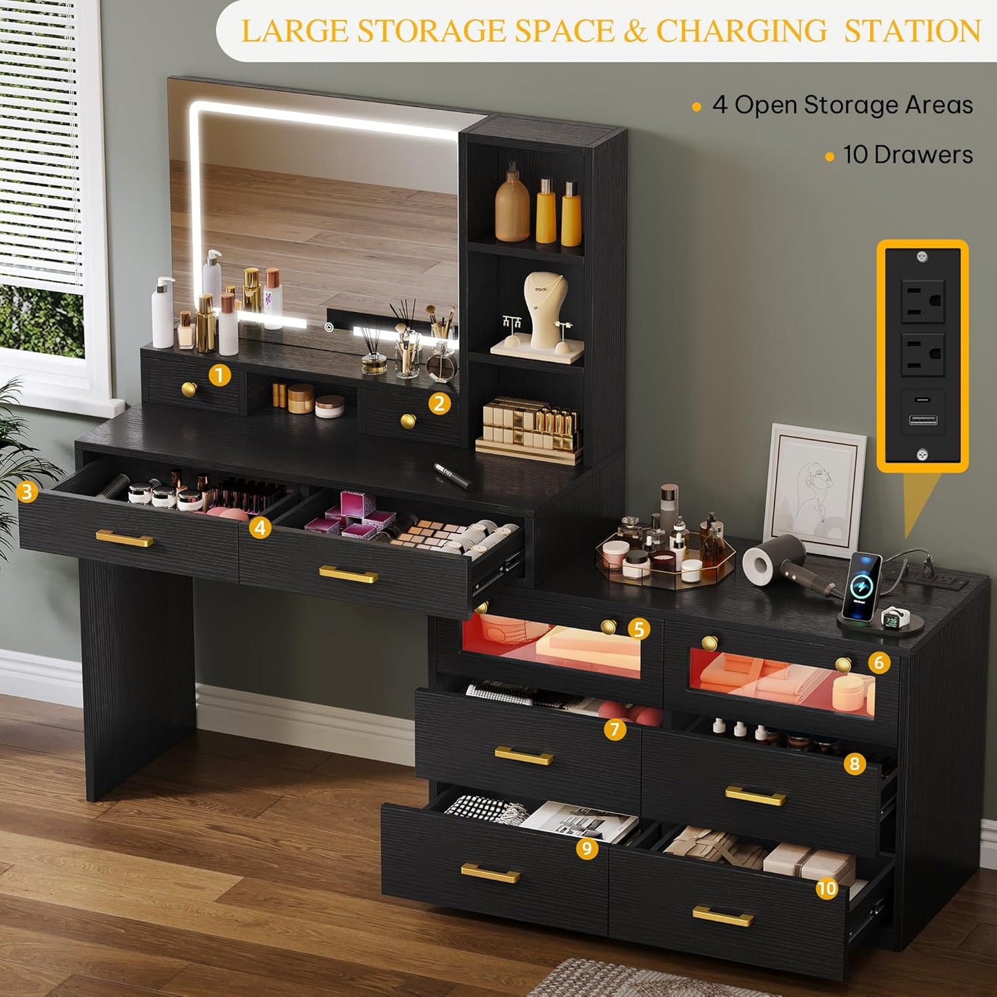 Large Vanity Desk with Mirror - RGB LED and Charging Station, Make up Vanity Mirror with 3 Lights Mode and Brightness Adjusted, Large Storage Space-10 Drawers, 3 Open Shelves, Black