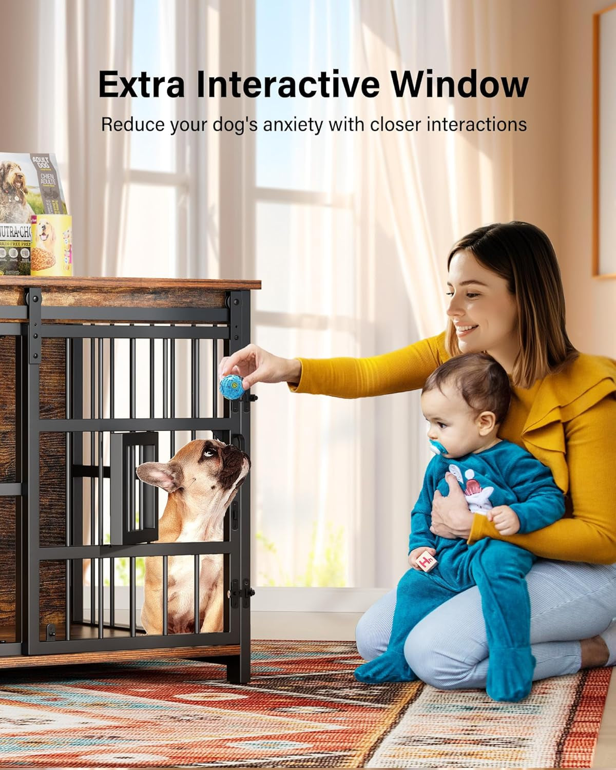 Dog Crate Furniture with Sliding Barn Door, 44"/39"/32" Decorative Dog Kennel Indoor with 2 Doors, Escape-Proof Multi-Lock Crates for Medium Dogs Indoor, Chewproof Wooden End Table, 360° Feed Rack