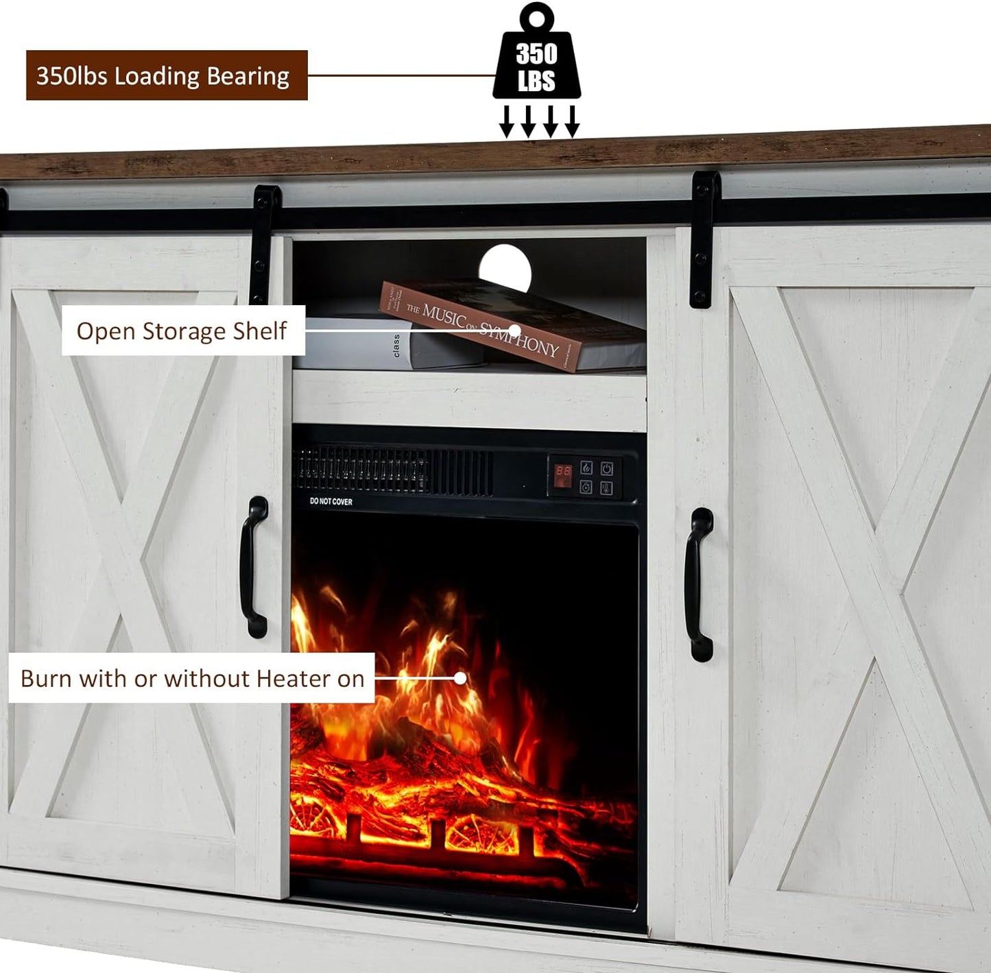 Fireplace TV Stand with Sliding Barn Door for Tvs up to 73", Farmhouse 63" Fireplace Entertainment Center with Storage Cabinets/Adjustable Shelves, Distressed White & Barnwood