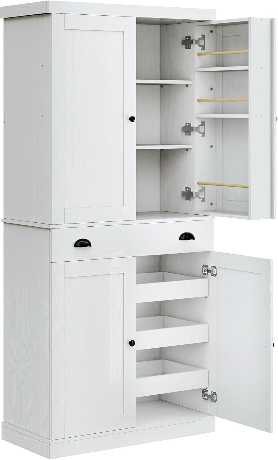 Kitchen Pantry Cabinet 72" Height, Freestanding Cupboard with Drawer, Sliding Storage Rack, and 6 Hanging Shelves for Dining Room, Laundry, White