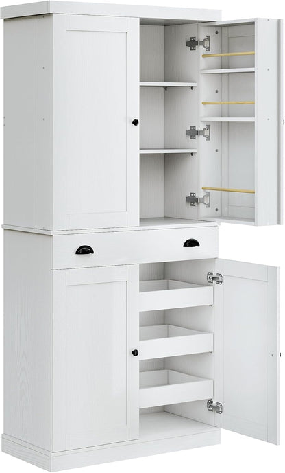 Kitchen Pantry Cabinet 72" Height, Freestanding Cupboard with Drawer, Sliding Storage Rack, and 6 Hanging Shelves for Dining Room, Laundry, White