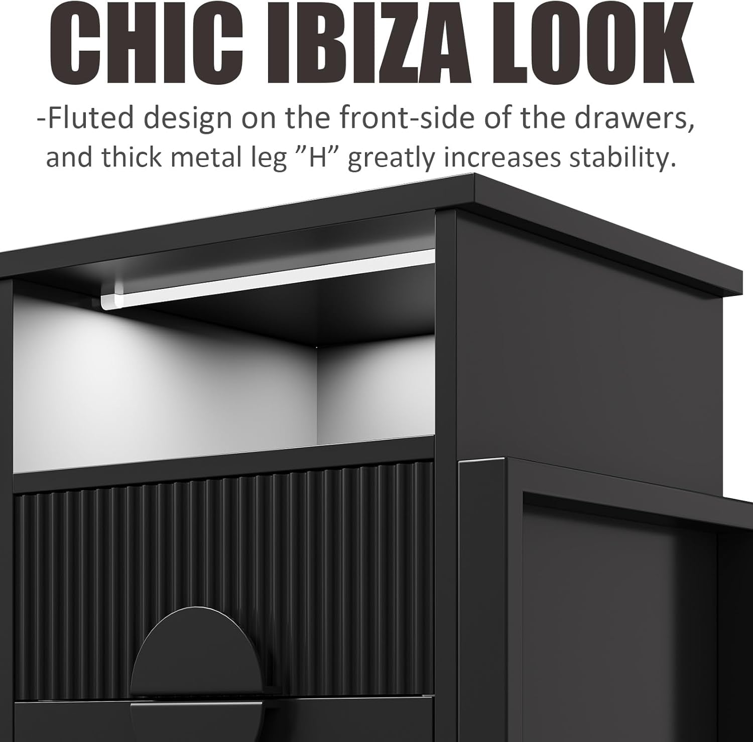 Set of 2 Fluted Nightstand with Charger Station Strip Lights, 20.47" W Night Stand with 2 Drawers, Large Accent Bed Side Table and End Table, Large Open Cubby, Raising H Legs,Black