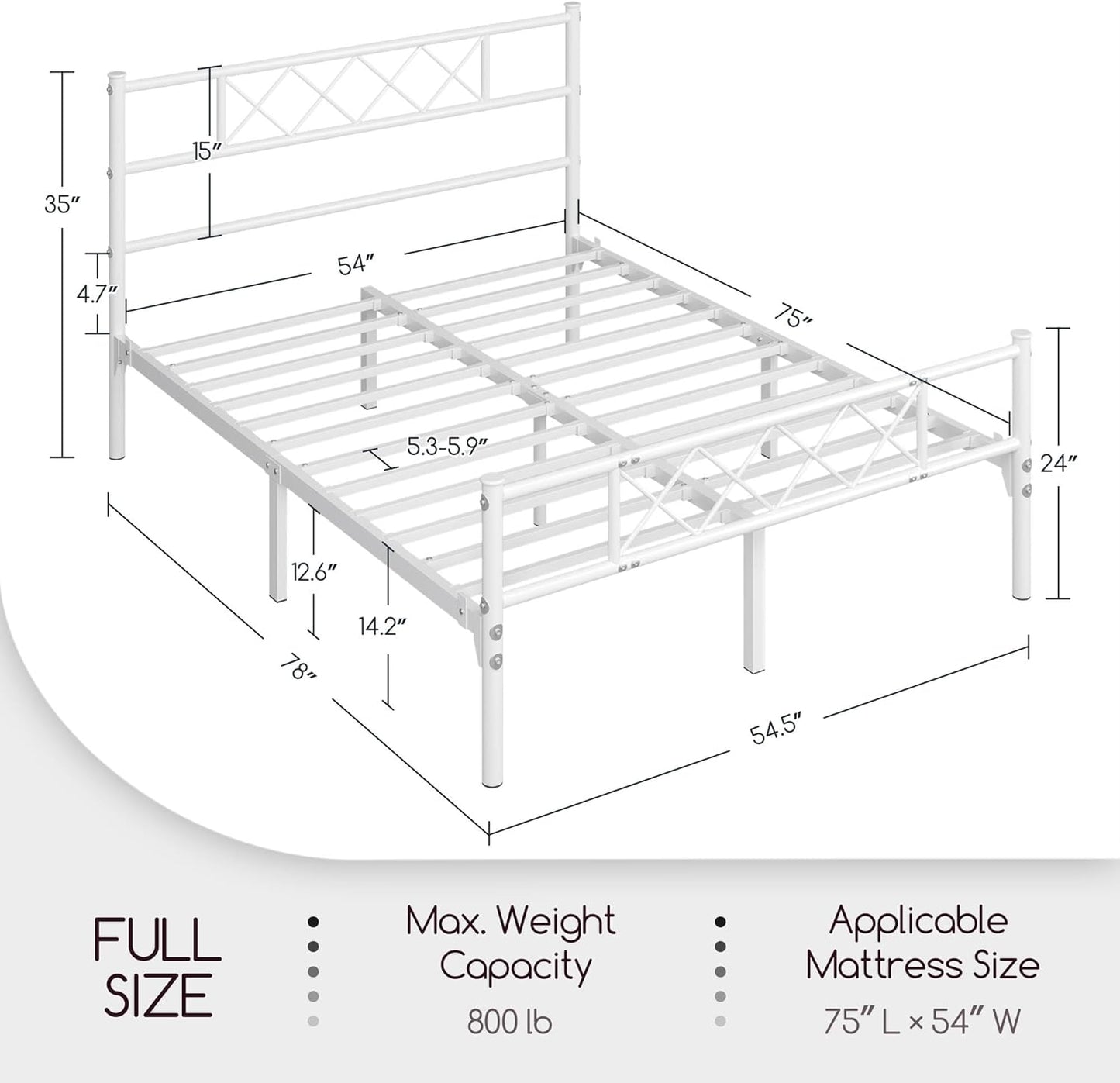 Full Size Metal Platform Bed Frame with Simple Headboard and Footboard, Mattress Foundation for under Bed Storage, Steel Slat Support, No Box Spring Needed, Easy Assembly, White