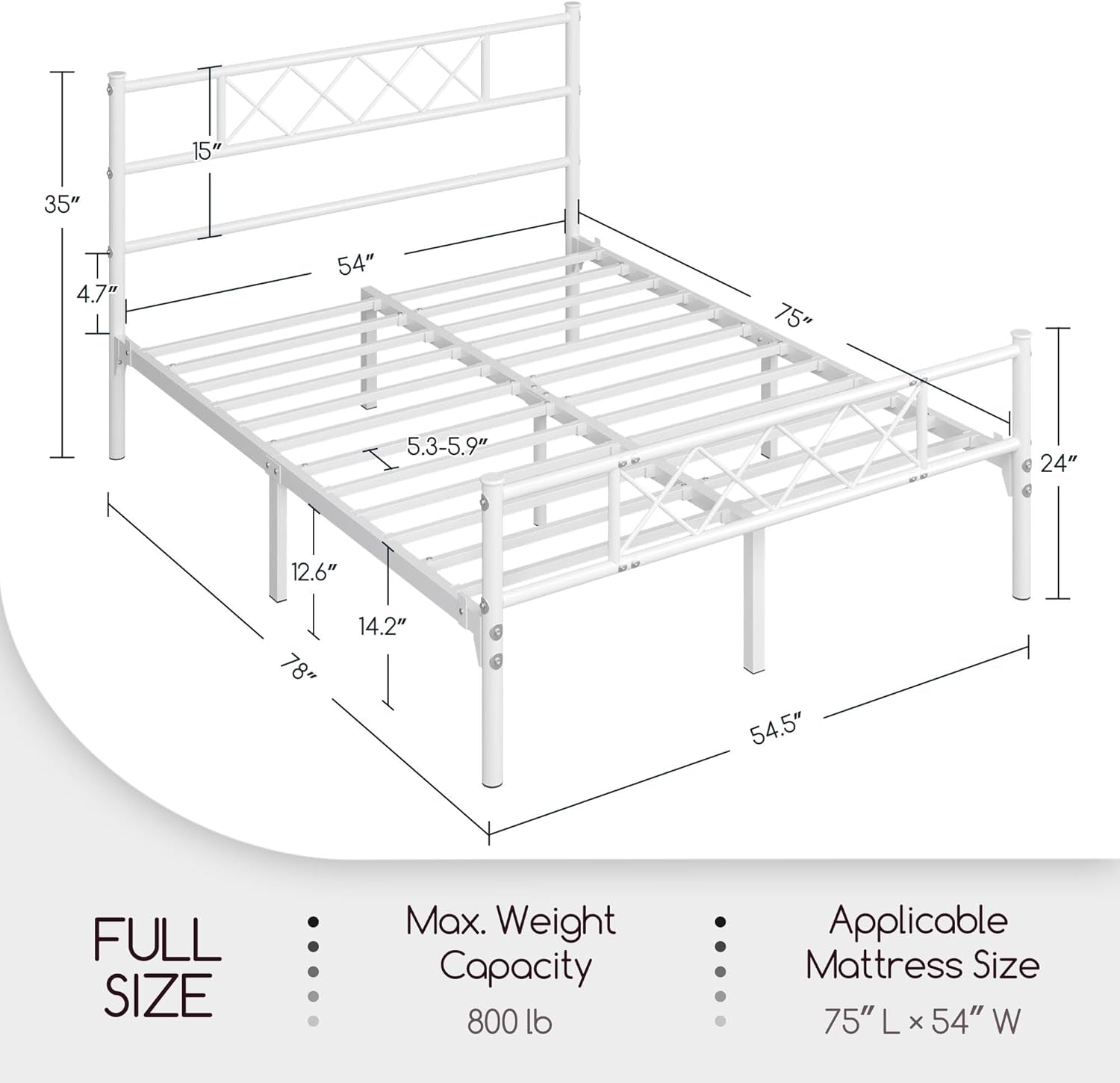 Full Size Metal Platform Bed Frame with Simple Headboard and Footboard, Mattress Foundation for under Bed Storage, Steel Slat Support, No Box Spring Needed, Easy Assembly, White