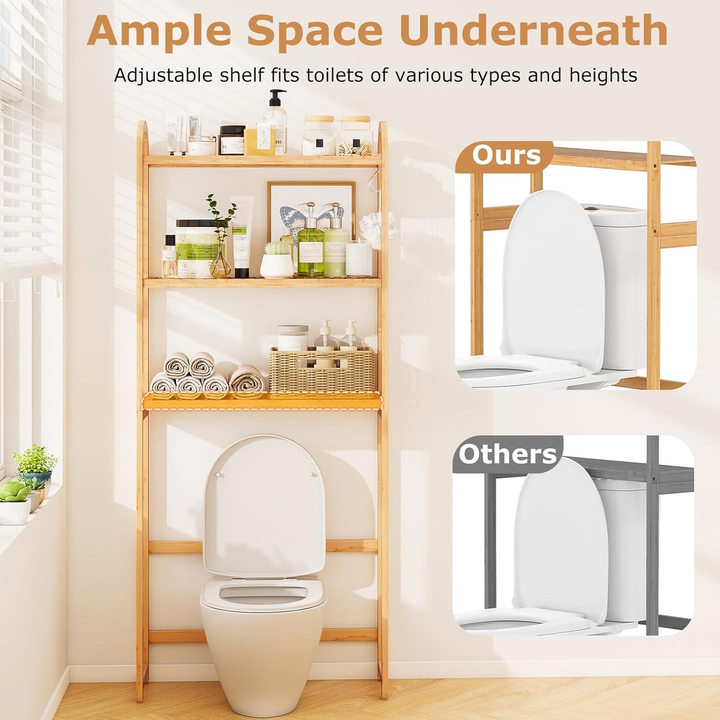 over the Toilet Storage Cabinet, 3-Tier Bamboo Bathroom Shelves over Toilet W/3 Hooks, Adjustable Shelves & Waterproof Feet Pad, over Toilet Bathroom Organizer for Laundry, Balcony, Restroom