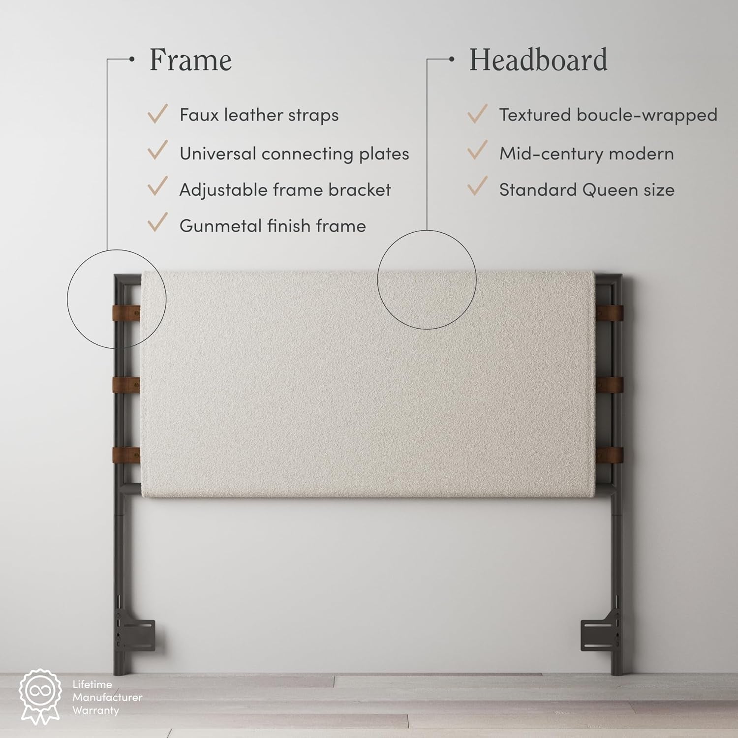 Aspen Queen Bed Headboard, Boucle Upholstered Headboard with Leather Straps and Black Matte Metal Frame, White/Black