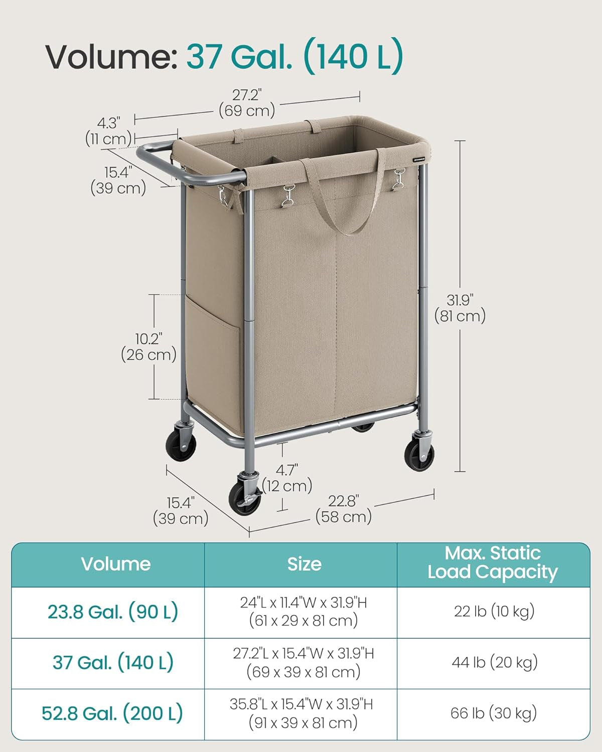 Laundry Basket with Wheels, 2-Section Rolling Laundry Hamper, 37 Gallons (140 L), Removable Liner, Steel Frame with Handle, 27.2 X 15.4 X 31.9 Inches, Camel Brown URLS004N01