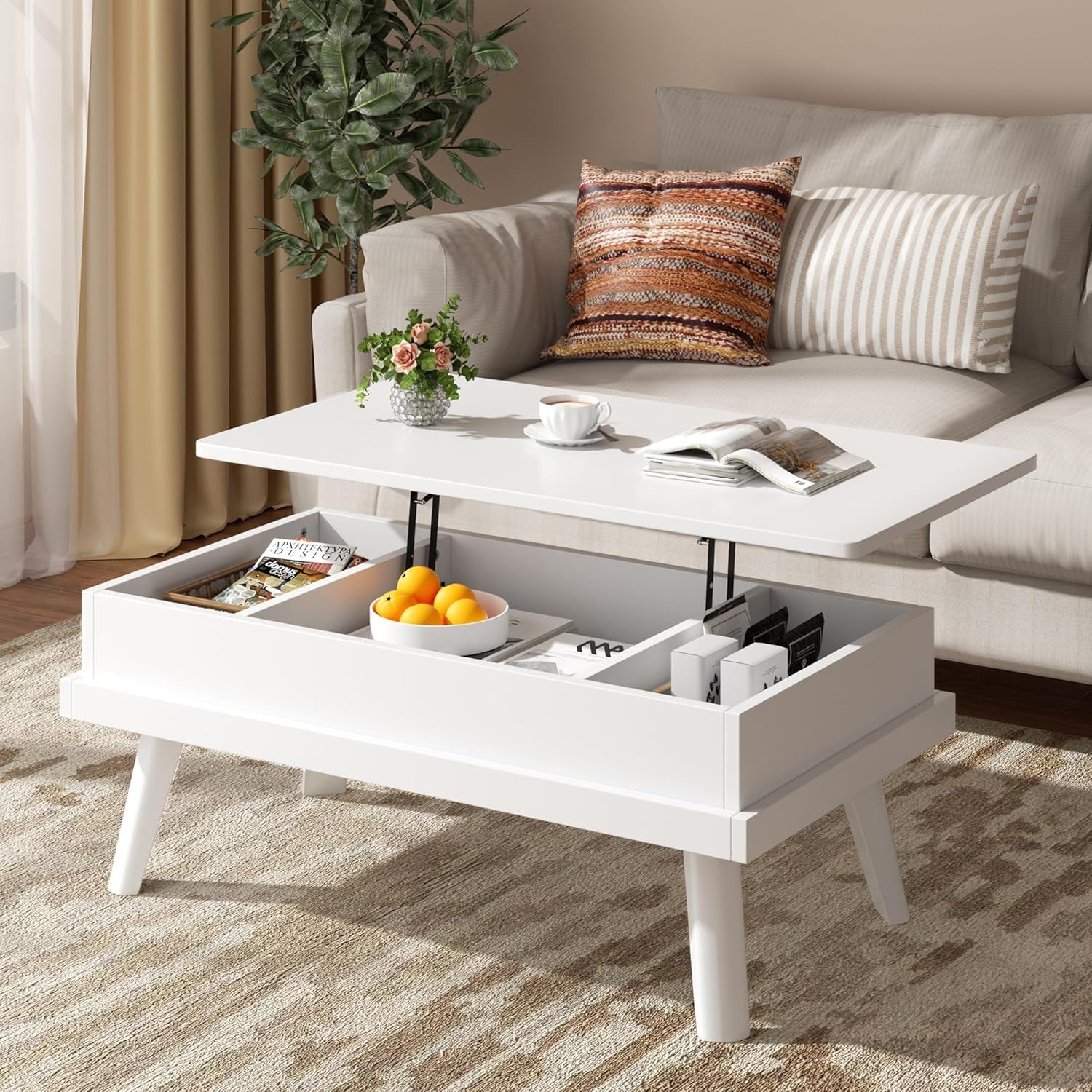 Coffee Table, Lift Top Coffee Table with Hidden Compartment, Rising Tabletop Dining Table, Lift Top Coffee Center Table for for Living Room, Office, Home (White)